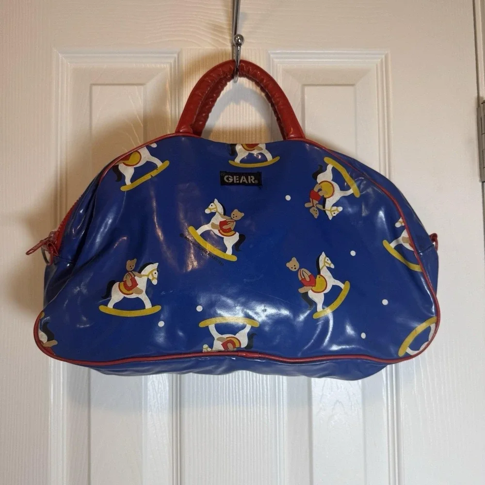 Vintage GEAR Inc Rocking Horse Bear Bag 1985 Red Blue Kid‎ Youth Travel Zipper